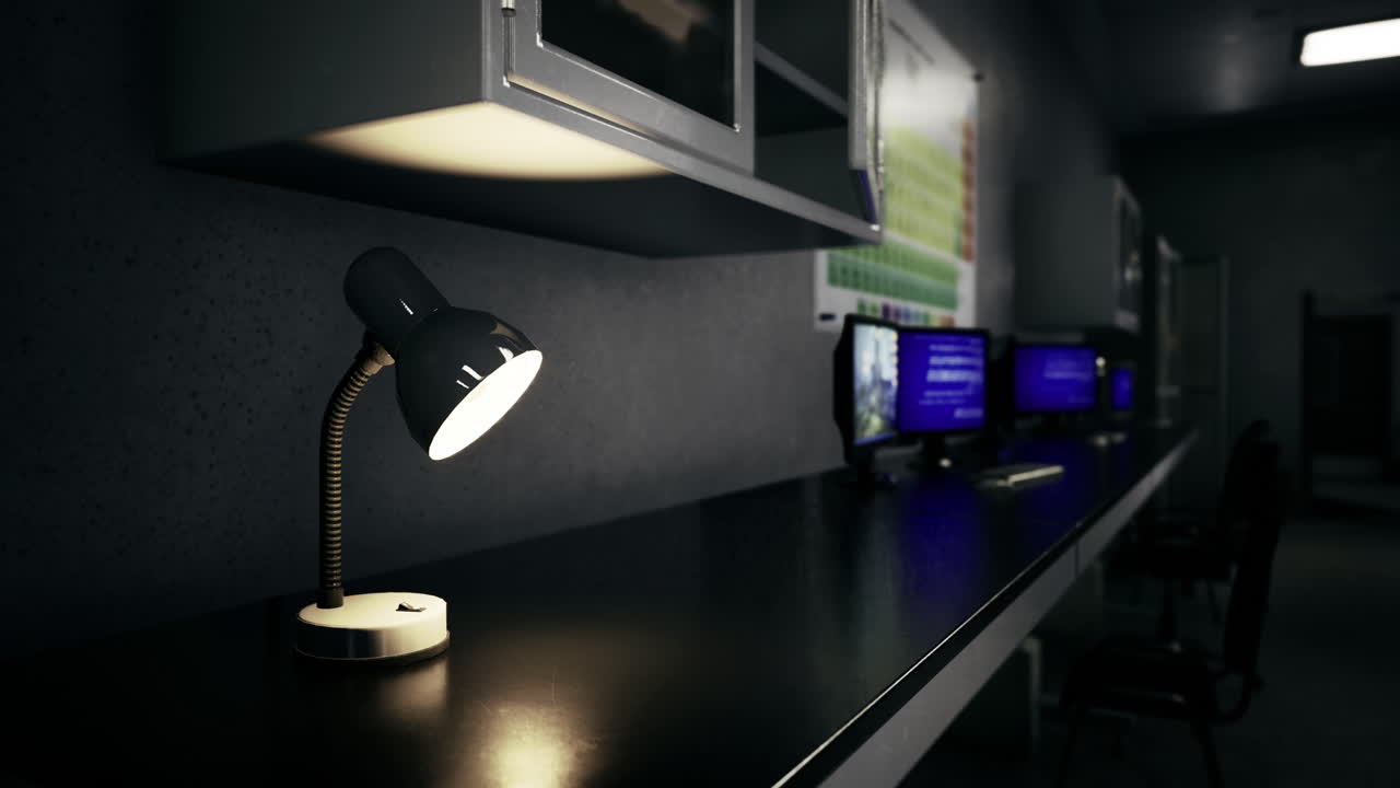Modern workspace with desk lamp illuminating sleek computer setup