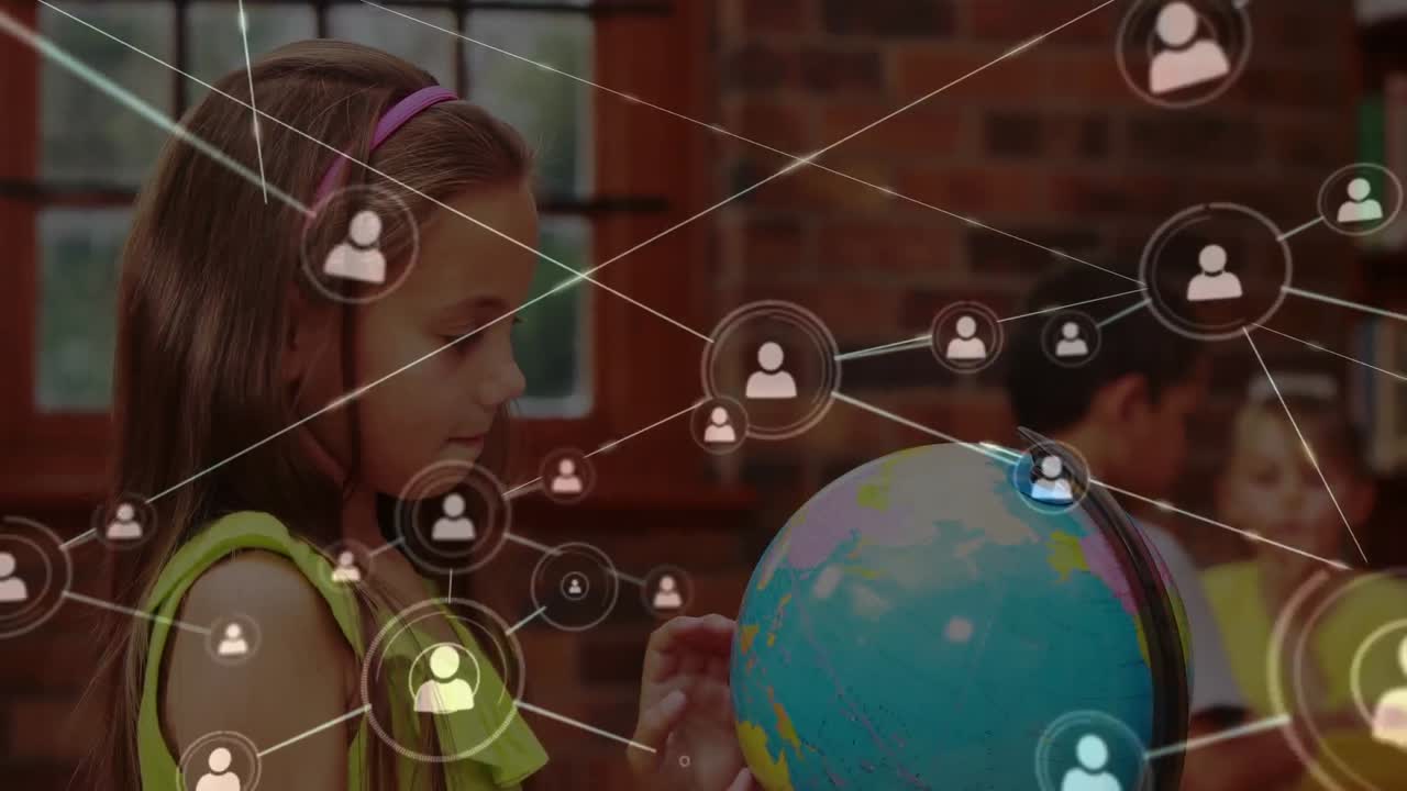 animación de conexiones sobre chica caucásica con globo en la escuela