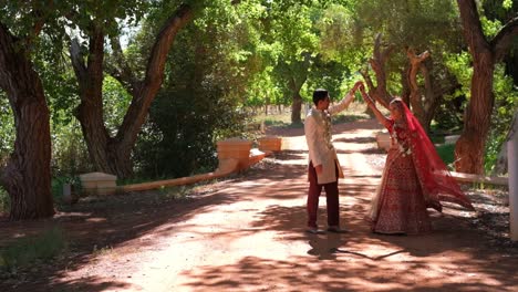 An-Indian-Hindu-Groom-and-Bride-Conversing-While-Strolling-Together-on-Their-Wedding-Day---Wide-Shot