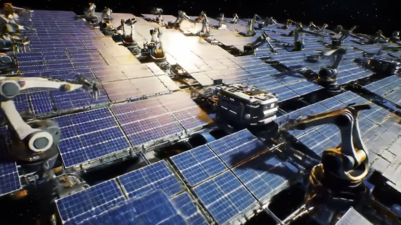 A Stunning View of an Advanced Solar Panel Array with Robotic Arms – Harnessing Solar Energy in Space with Cutting-Edge Technology and Innovation