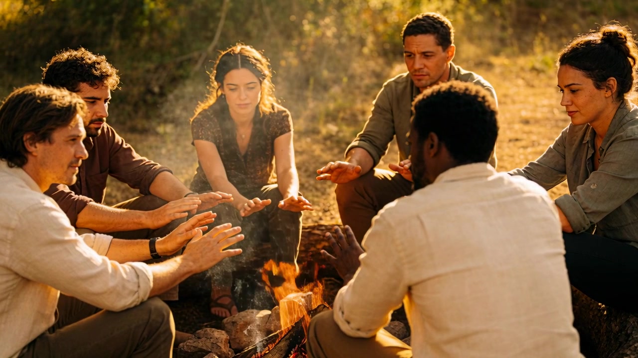 Warming six friends in casual wear extending hands after flickering fire in grassy glade pot nearby