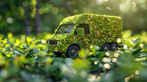 eco-friendly moss-covered delivery van in a lush green environment