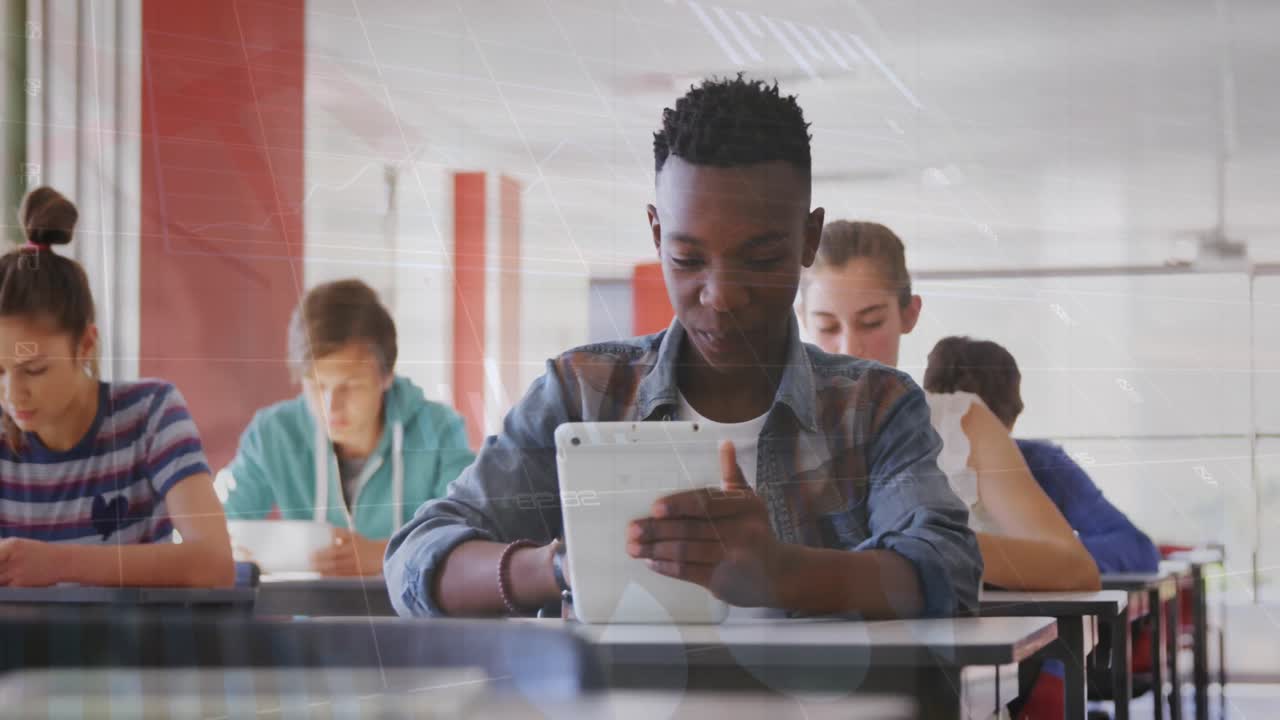 Animation of statistical data processing over african american boy using digital tablet at school