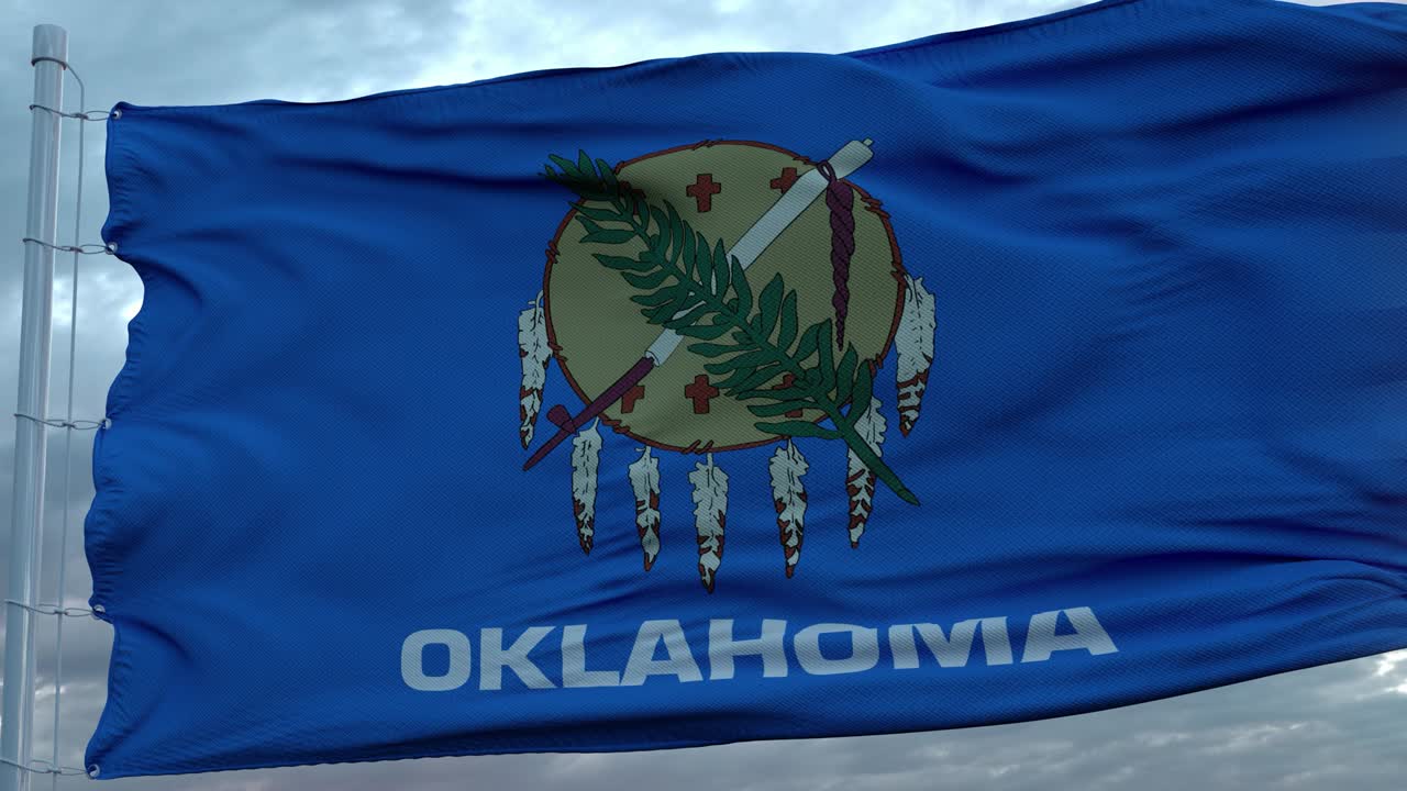 USA and Oklahoma Mixed Flag waving in wind. Oklahoma and USA flag on flagpole