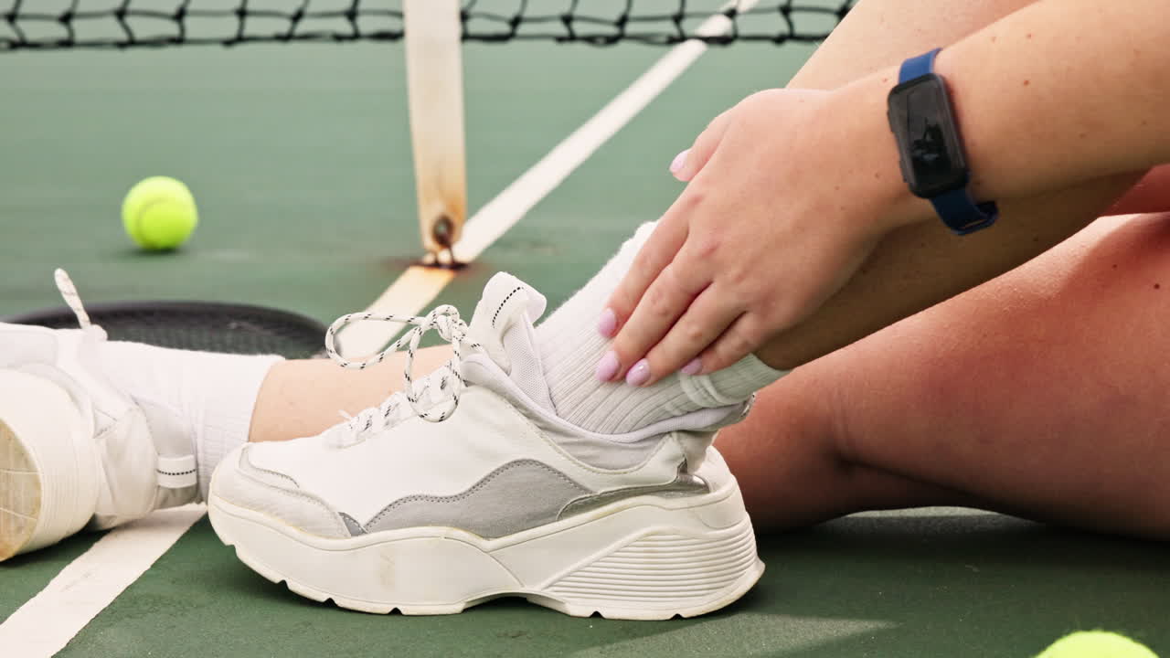 Woman with injured ankle on tennis court
