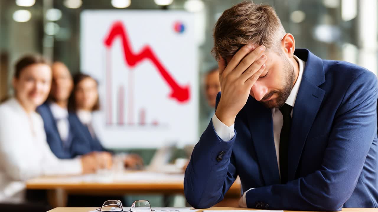 In a tense business meeting, a frustrated executive faces the harsh reality of declining performance, as visual analytics highlight a concerning downward trend in company growth