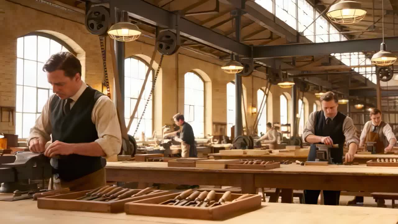 Securing piece in bench vise, left worker wearing vest shaping part to fit bench, copy space