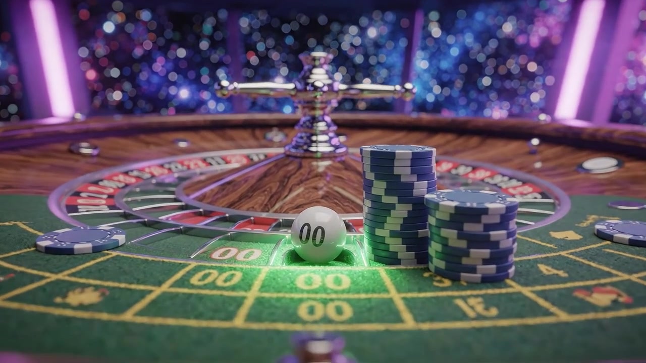 Un incantevole casinò a tema spaziale con una magnifica ruota della roulette e fiches da poker colorate su uno sfondo stellato, che invita i giocatori a tentare la fortuna.
