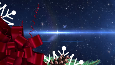 Animation-of-christmas-decorations,-stars-falling-and-light-glowing-over-dark-background
