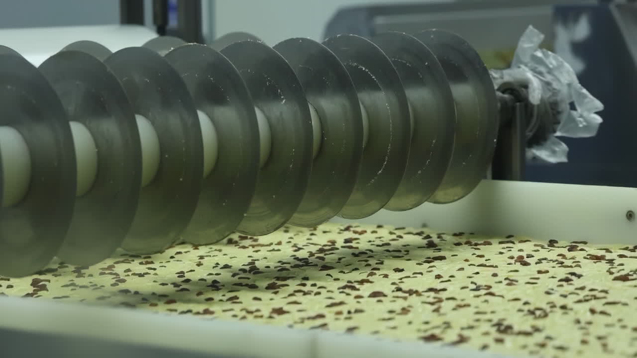 조립 라인에서 음식 케이크 공장의 근접, 공장에서 컨베이어 벨트 생산 라인에서 자동화 된 쿠키, 포장 및 배포 준비