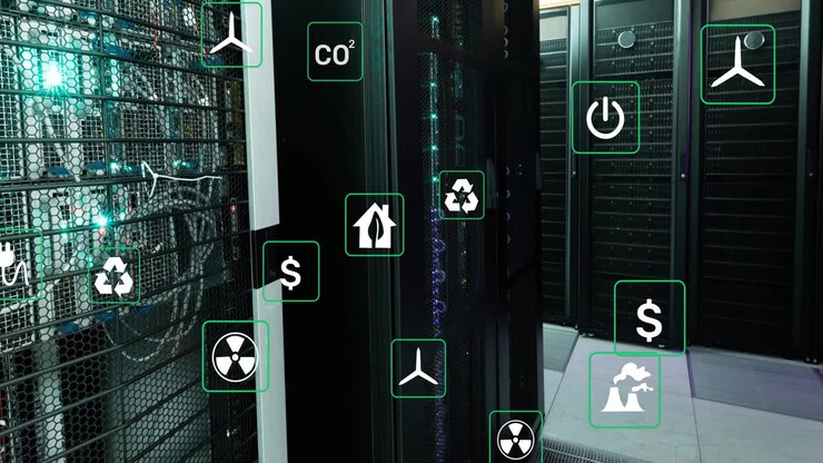 Animation of eco icons and data processing over computer servers