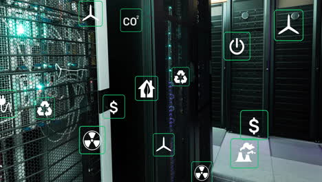 animation of eco icons and data processing over computer servers