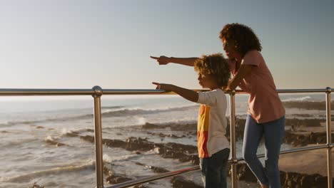 mother and son pointing away the sea