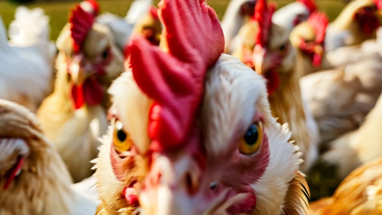 un grupo de pollos blancos de pie en un campo