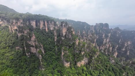 smooth pan right across green-covered pinnacles of zhangjiajie mountains during hazy midday light