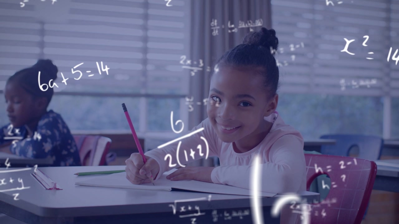 Foreground girl starting worksheet writing with red pencil while math overlays growing solving sums