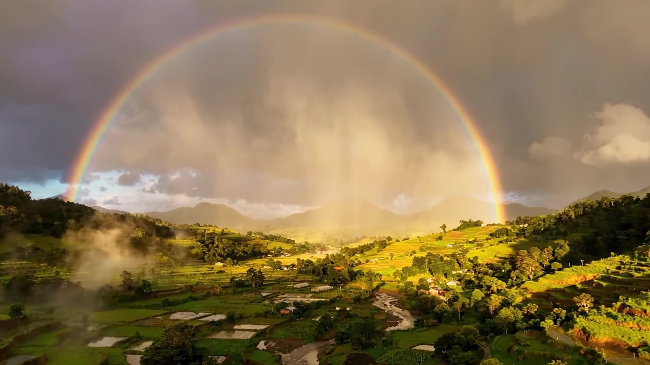 Pemandangan Menakjubkan Menampilkan Pelangi Cerah Melengkung di Atas Ladang Hijau Subur dan Lembah Berkabut, Menangkap Keindahan Alam dalam Suasana yang Damai