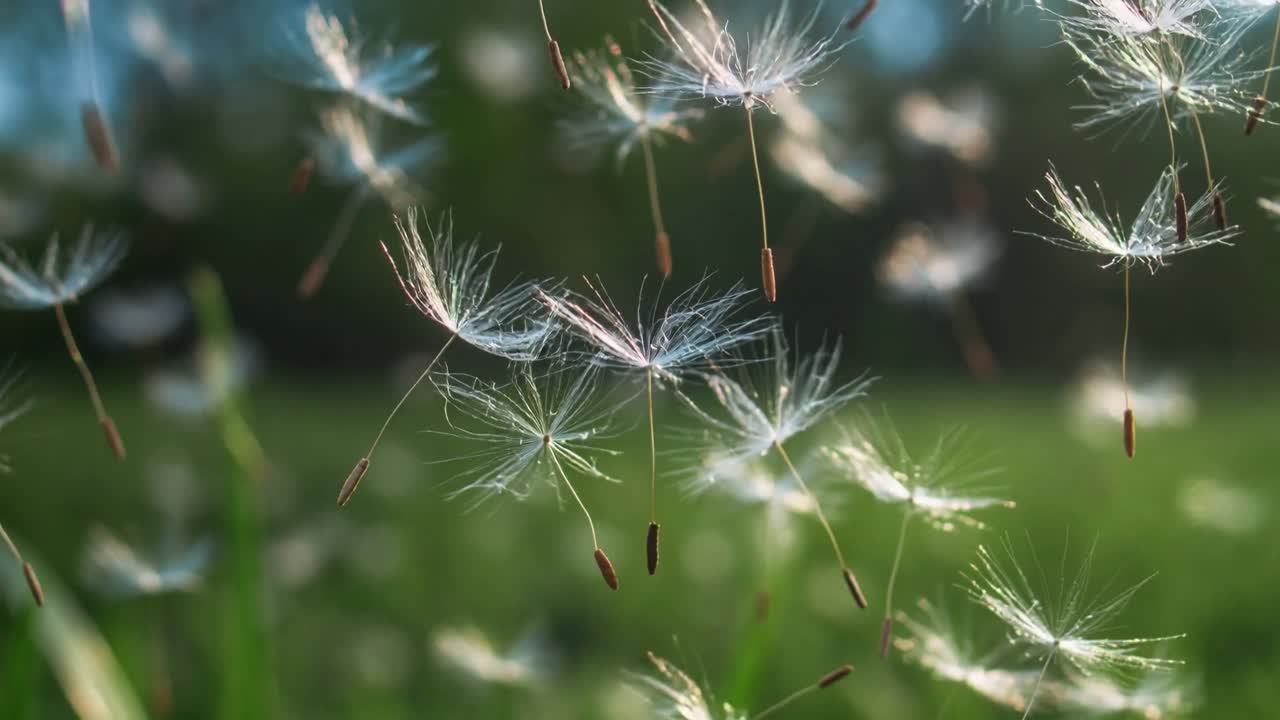 Grappolo di semi di tarassaco che fluttua sul prato, vento che fa scintillare i filamenti per la dispersione dei semi.
