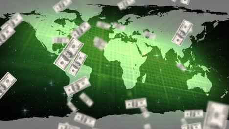 Animación-De-Billetes-De-Dólares-Americanos-Flotando-Sobre-El-Mapa-Mundial