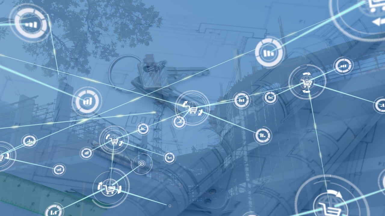 집 열 ⁇ 와 건축가의 도면 위의 아이콘으로 연결 네트워크의 애니메이션