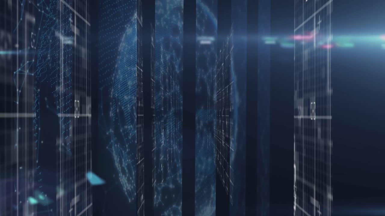 Animation of shapes moving and globe over black background