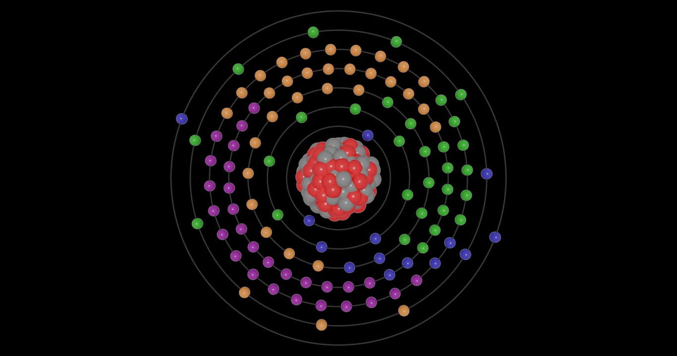 Animazione 3D di un atomo di Dubnio su sfondo trasparente che mostra gusci, sottogusci, orbite elettroniche e nucleo con protoni e neutroni, illustrando la struttura atomica e i livelli energetici