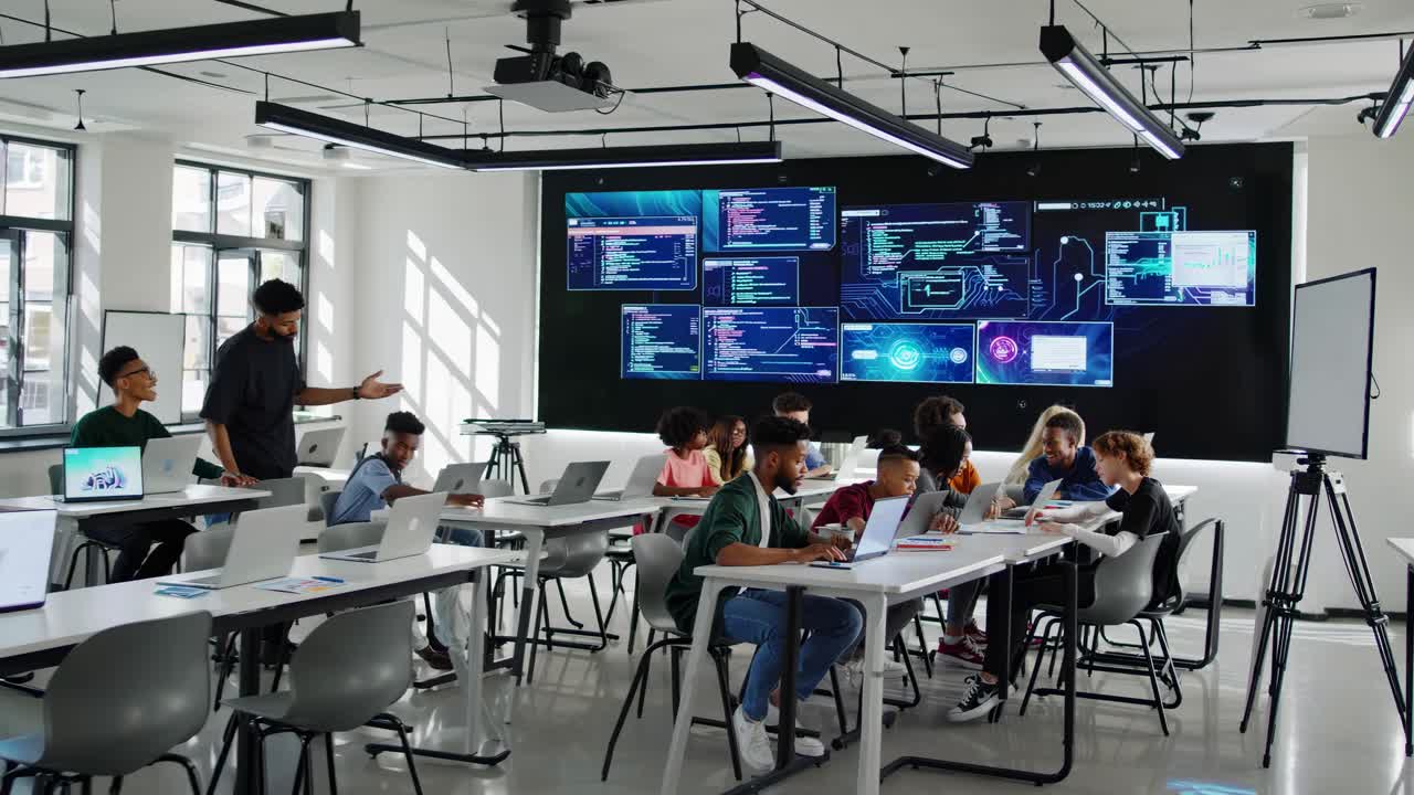 A modern classroom with students at laptops, viewed from a side angle