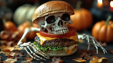spooky skeleton burger scene. a skeleton with a burger bun sits amid autumn leaves and halloween decor, creating a festive yet eerie atmosphere.