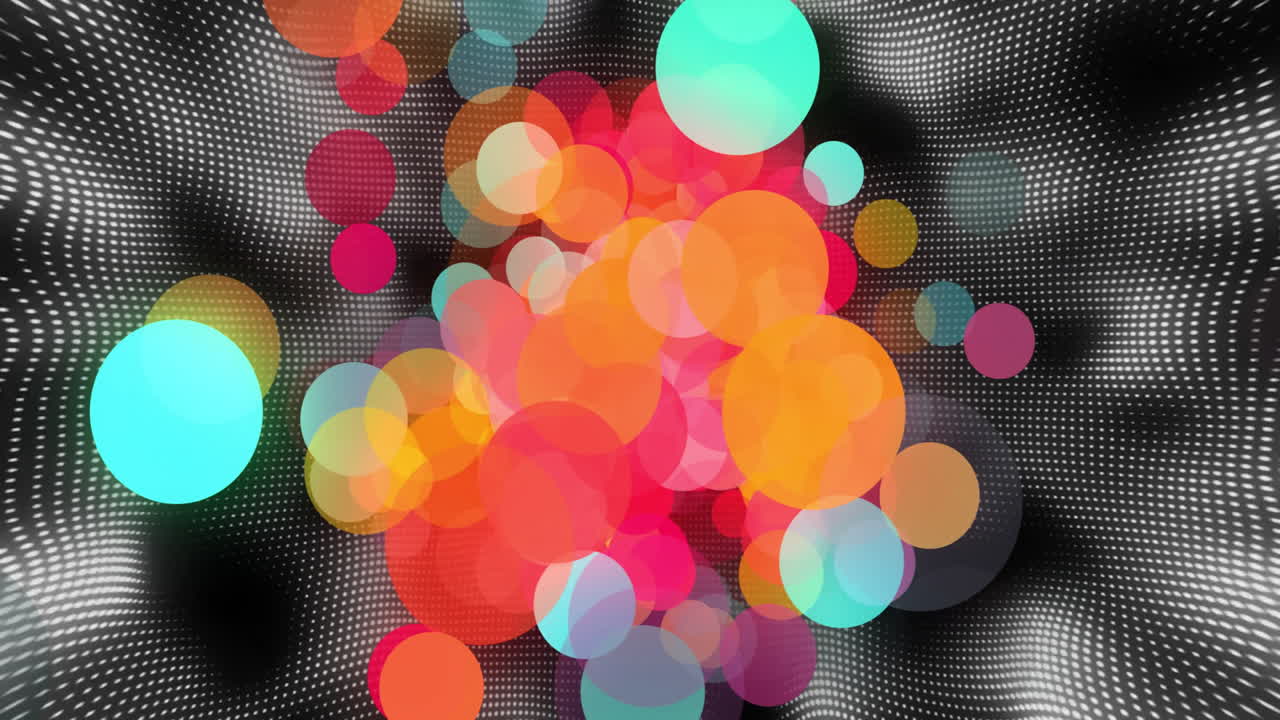 Multicolored translucent circles floating before dotted grid undulating in digital 3D render