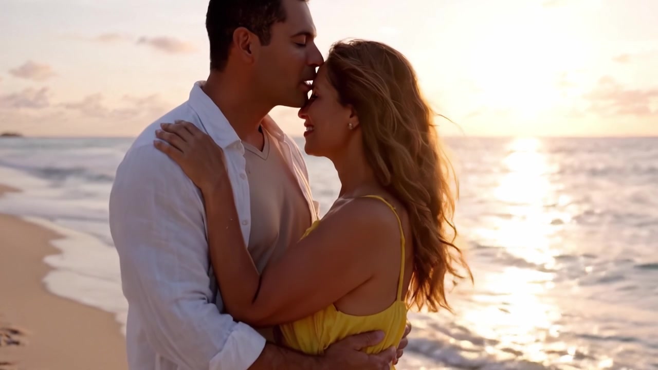 Alba Romantica sulla Spiaggia: Una Coppia che si Abbraccia sulla Riva Durante una Splendida Alba, Catturando Momenti di Amore e Connessione tra le Onde.