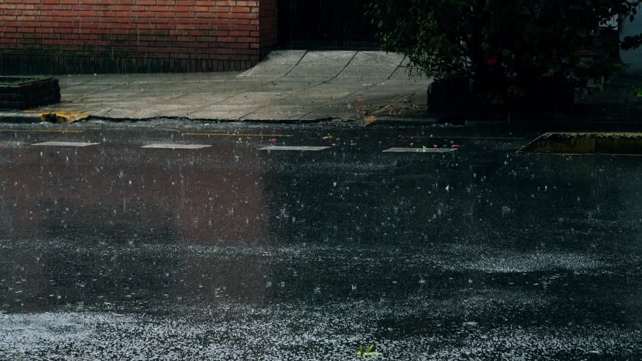 Raindrops Splashing on a Wet City Street