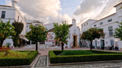 4k shot of a public park with white houses and orange trees in marbella, spain