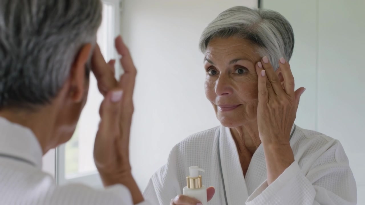 Donna anziana che preme il dosatore e si spalma la crema per il viso alla toeletta, con uno specchio e un accappatoio bianco.