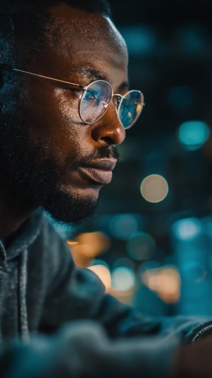 Focused Individual Analyzing Data at Night with Technology Surroundings, Capturing the Essence of Concentration and Modern Connectivity in a Digital Age