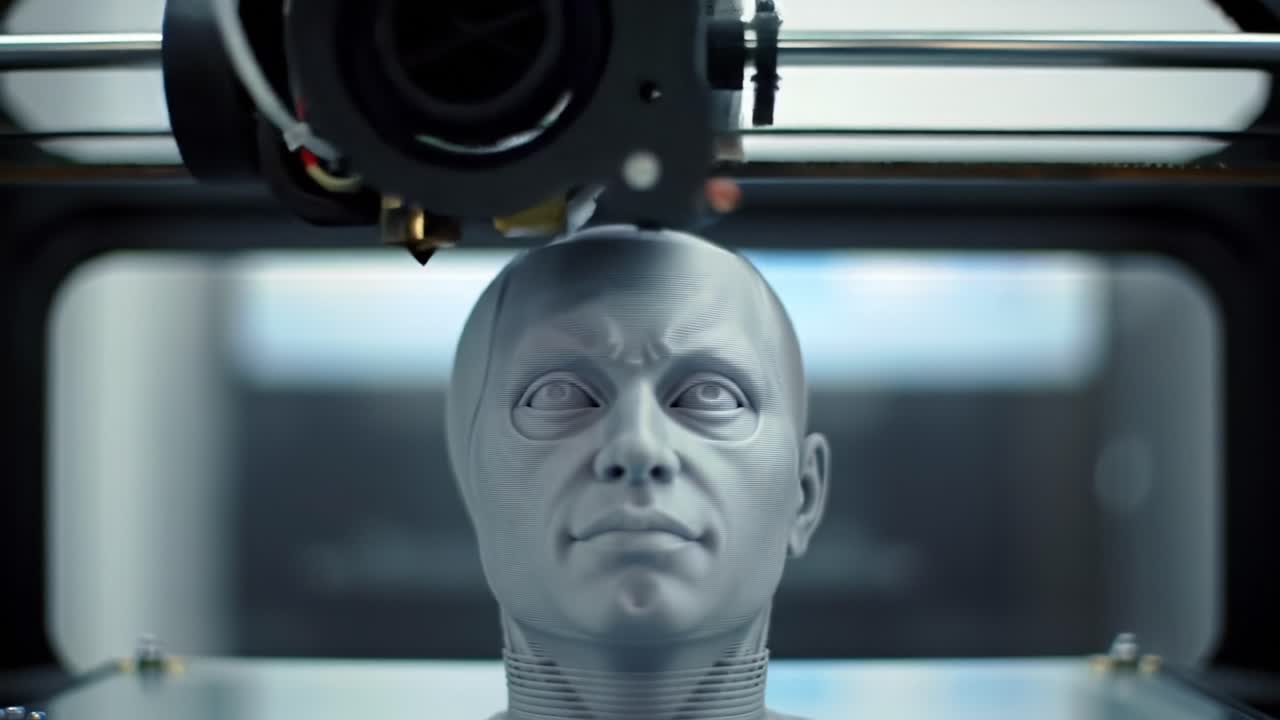 A Close-Up of a 3D Printer Creating a Realistic Human-Like Head, Showcasing the Precision and Detail Involved in Modern Additive Manufacturing Technology