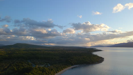 Aerial-view-of-green-forest-on-the-shore-of-Lake-Te-Anau-in-New-Zealand