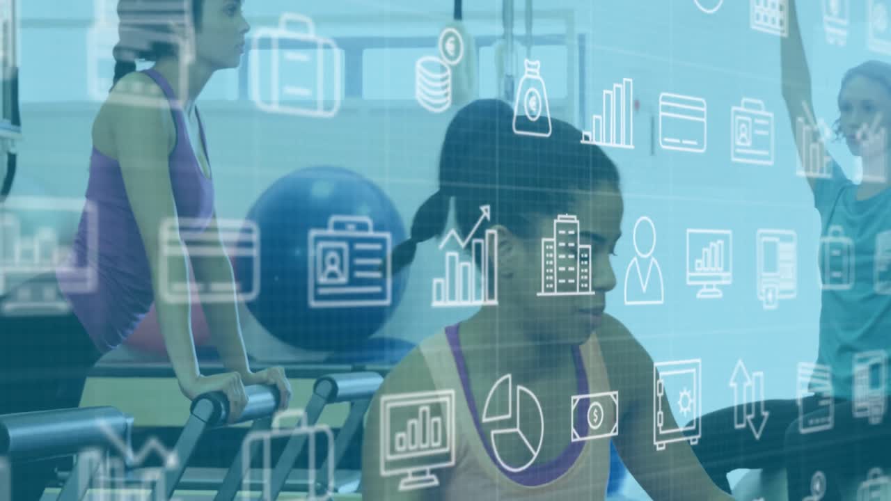 다양한 강사와 스튜디오에서 운동하는 여성들의 위에 움직이는 컴퓨터 아이콘의 애니메이션