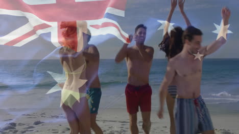 dancing on beach, people with australian flag animation in background