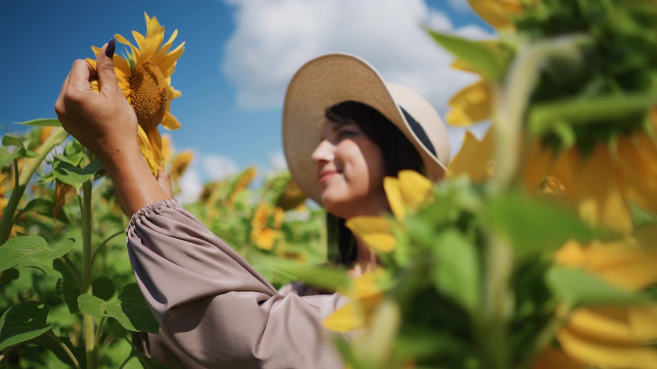 Primo piano di una donna che esamina attentamente girasoli in piena fioritura tra alti steli verdi sotto un cielo azzurro brillante con nuvole sparse. Le sue mani tengono delicatamente il fiore, mostrando petali dettagliati.