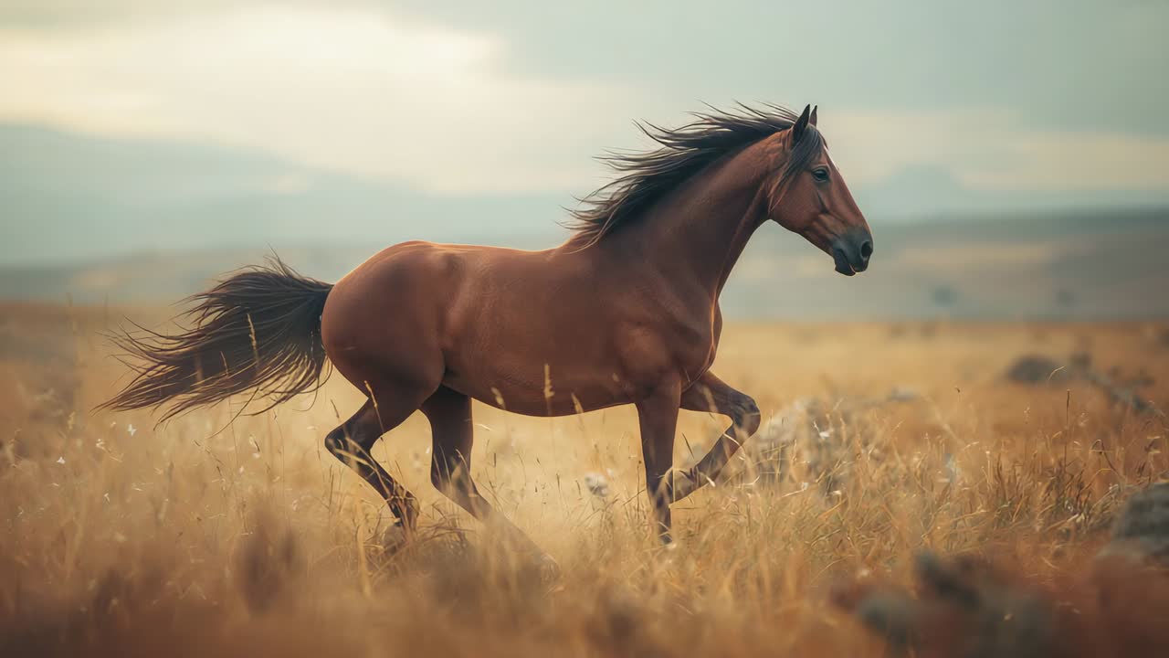 Entering frame, bay horse trotting across grassy plain, with hooves kicking up dust and rocks