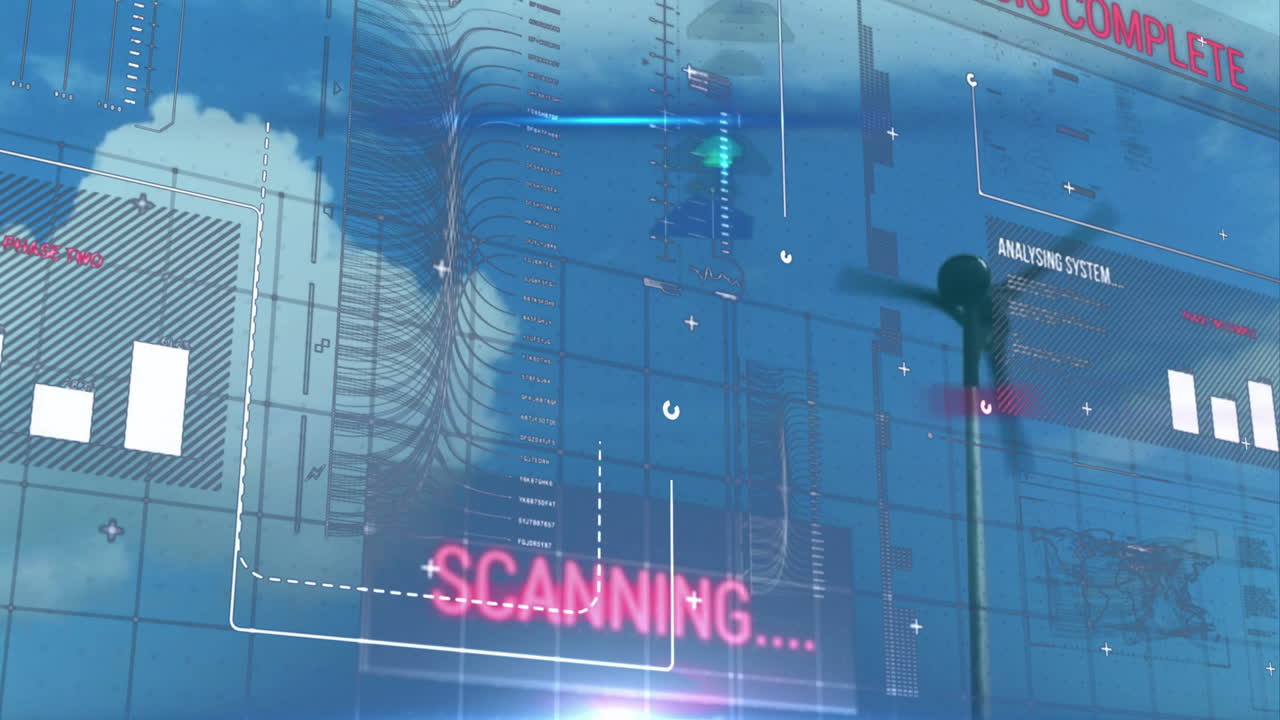 Animation of futuristic scanning system with digital data and palm tree silhouette