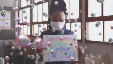 multiple covid-19 cells against school girl wearing face mask a rainbow painting at school