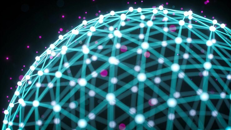 Camera zooming, geodesic dome rotating and showing cyan lines white nodes magenta particles in void