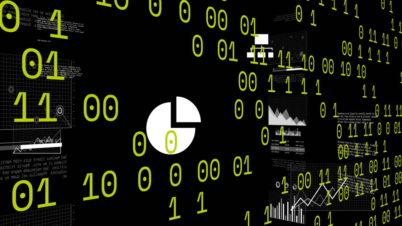 animación de procesamiento de datos de codificación binaria y estadísticas sobre fondo negro
