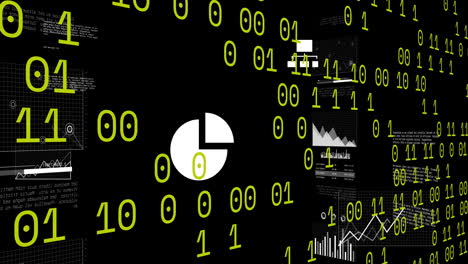 animación de procesamiento de datos de codificación binaria y estadísticas sobre fondo negro