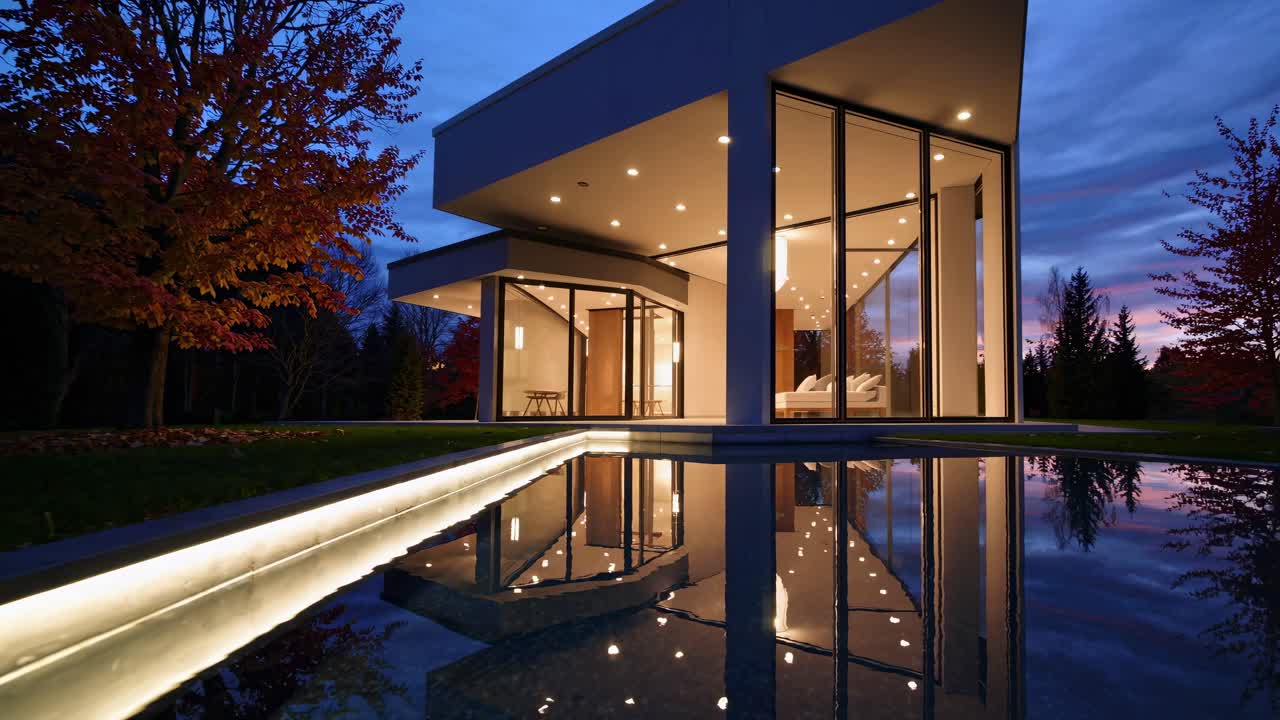 Modern house with glass walls reflecting in a pool at dusk