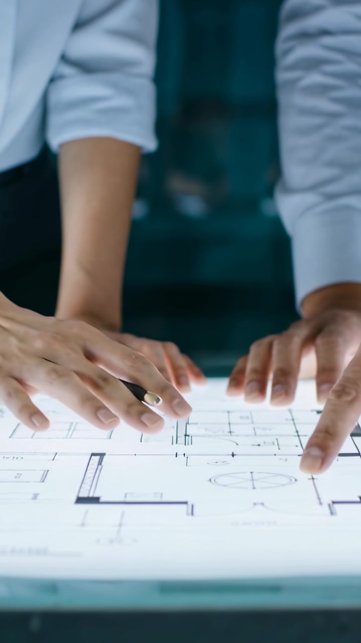 Vertical video: Placing hands two pros sleeves rolled leaning over lit table at office tracing plan
