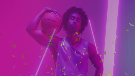 animación de confeti y patrón de neón y jugador de baloncesto biracial.