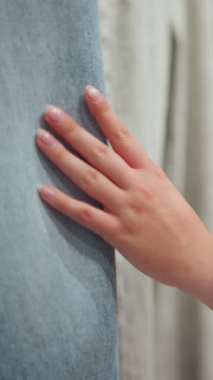 핑크색 셔츠를 입은 여자가 옷 가게를 걸어가면서 에 매달린 파란색과 재색의 청바지를 만지고, 그 질감을 느끼고, 배경에 있는 다른 옷의 흐릿한 시야를 느다.