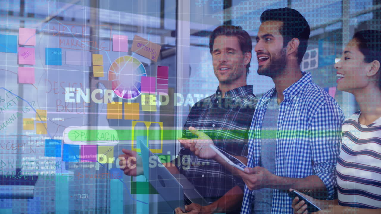 Animation of financial data processing over delivery man loading up car outside of warehouse